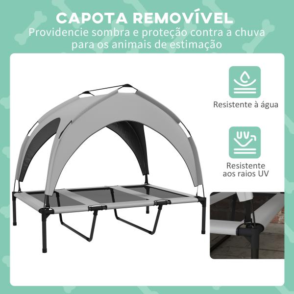 Cama Elevada para Cães com Toldo Estrutura de Aço e Bolsa de Transporte para Interior e Exterior 106x76x94 cm Cinzento Claro