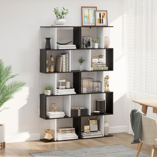 Estante para Livros Estante Alta de Parede com 5 Níveis em Forma de S Desenho Moderno 60x24x184,5 cm Branco e Preto