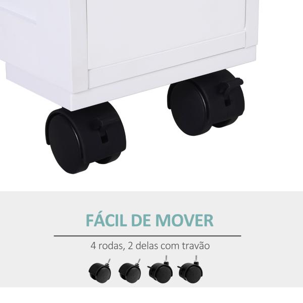 Armário Casa de Banho para Espaços Reduzidos com 4 Rodas Prateleira Aberta e Gavetas 16x52x71,5 cm Branco