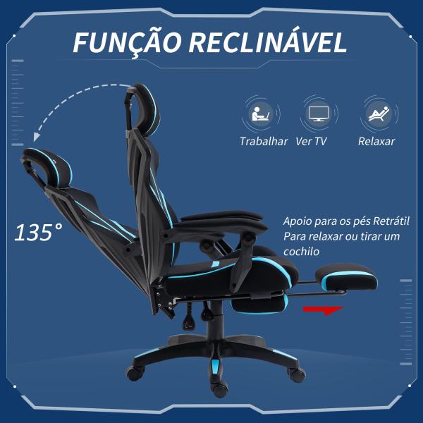 Cadeira de Gaming com Apoio para os Pés Retrátil Cadeira de Escritório Reclinável com Apoio para a Cabeça e Altura Ajustável 65x65x119 - 129cm Preto e Azul