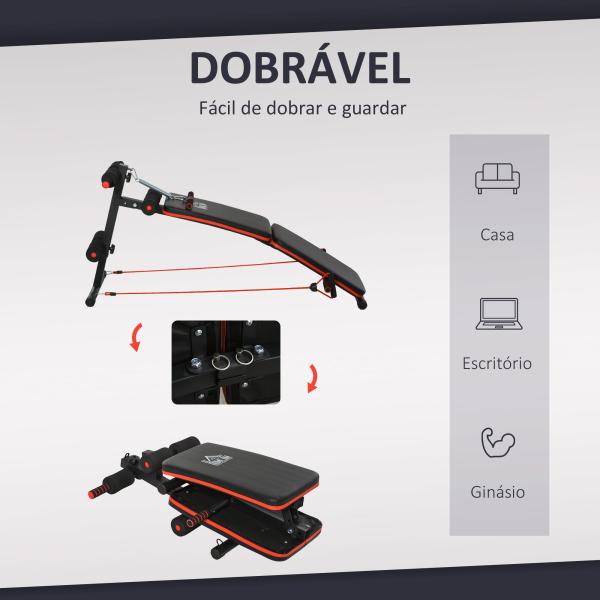 Banco de Abdominais Dobrável Ajustável em Altura com Cordas Elásticas 137x51x50 - 66 cm Preto e Vermelho
