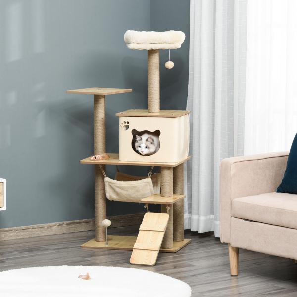 Árvore Arranhadora para Gatos Torre de Escalada com Plataformas Rede Escada Caverna Postes para Arranhar de Juta Bola Supensa e Descanso 60x40x130cm Bege