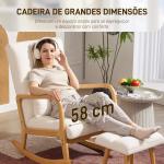 Poltrona de Baloiço com Apoio para os Pés Estofado em Bouclé com Almofada Acolchoada Encosto Ergonómico Apoios de Braços e Pés de Madeira 64,5x82x89 cm Branco