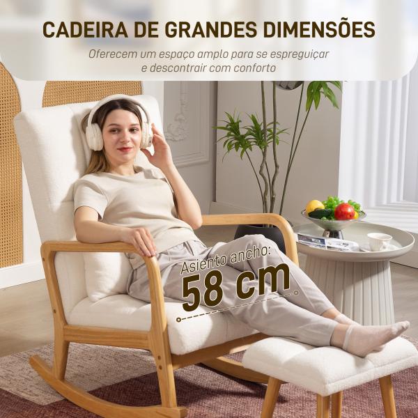Poltrona de Baloiço com Apoio para os Pés Estofado em Bouclé com Almofada Acolchoada Encosto Ergonómico Apoios de Braços e Pés de Madeira 64,5x82x89 cm Branco