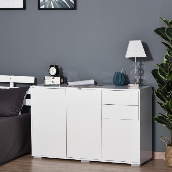 Aparador de Sala de Estar com 3 Portas 2 Gavetas e Prateleira Interior Ajustável Móvel Auxiliar de Armazenamento para Cozinha Dormitório Anti - Rolamento 117x36x74cm Branco