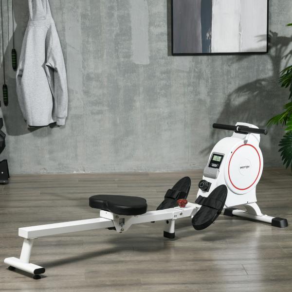 Máquina de Remo Dobrável com Resistência de 8 Níveis Ecrã LCD e 2 Rodas de Transporte 180x48x60 cm Branco