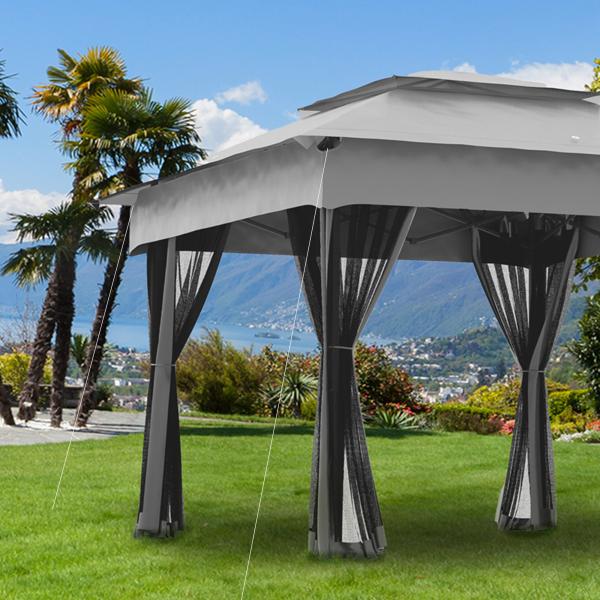 Tenda Dobrável Exterior 325x325x270 cm Tenda de Jardim com Teto Duplo Rede Mosquiteira Amovível e Bolsa de Transporte Cinzento