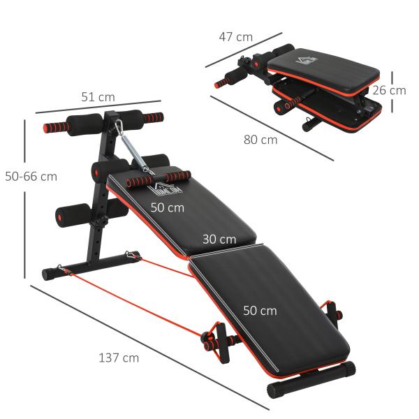Banco de Abdominais Dobrável Ajustável em Altura com Cordas Elásticas 137x51x50 - 66 cm Preto e Vermelho
