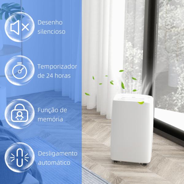 Desumidificador Elétrico 12L/Dia com 4 Modos 2 Velocidades Desligamento Automático Ecrã LED Temporizador 29x18x49 cm Branco