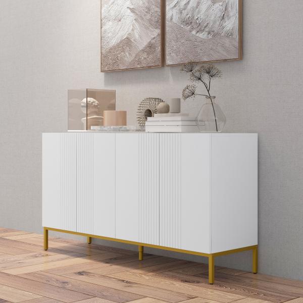 Aparador para Sala com 4 Portas, Prateleiras Ajustáveis e Pés Dourados 140x40x75 cm para Entrada ou Quarto, Branco