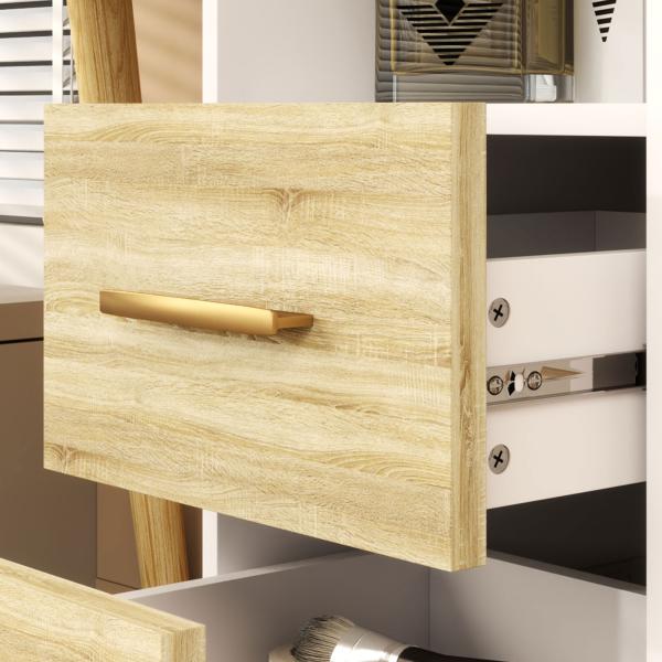 Toucador com Espelho e Luzes LED Ajustáveis 5 Gavetas 4 Compartimentos e 1 Prateleira 100x44x137 cm Branco e Madeira