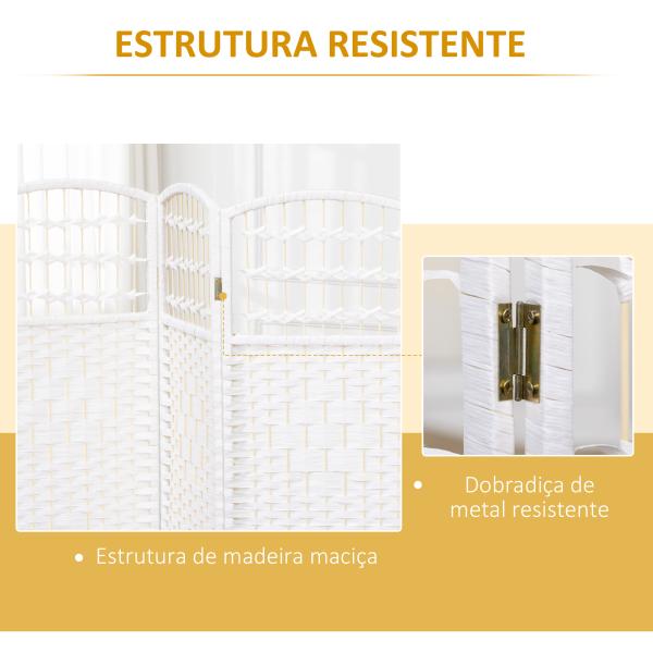 Biombo de 4 Painéis Dobrável Separador de Ambientes de Corda de Papel e Estrutura de Madeira 60x170 cm Branco
