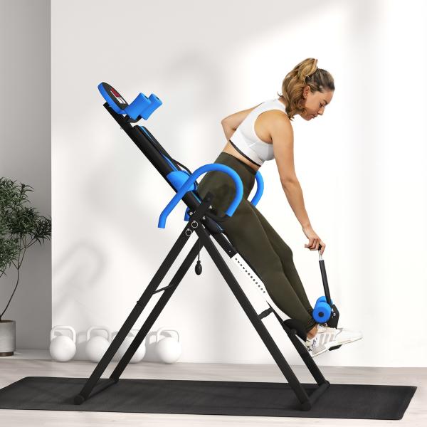 Mesa de Inversão Dobrável com Cinto de Segurança Altura Regulável para Utilizadores de 1,30 a 1,90 m 79x114x153 cm Preto e Azul