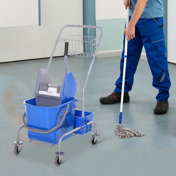 Carro de Limpeza Profissional com Rodas Balde de Esfregona Removível de 25L Espremedor Cesto e Cubeta 72x49,5x95 cm Azul