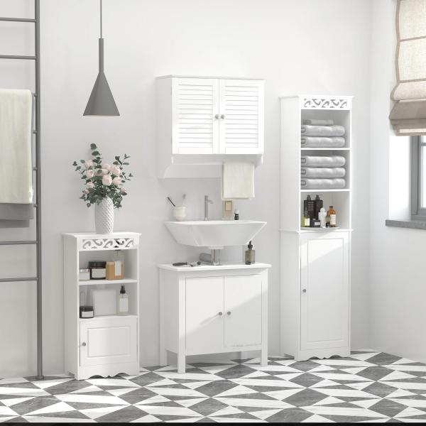 Armário Casa de Banho de Parede com 2 Portas de Persiana Prateleira Interior e Barra para Toalhas Móvel Auxiliar Suspenso Moderno Multiuso para Cozinha 60x23x60cm Branco