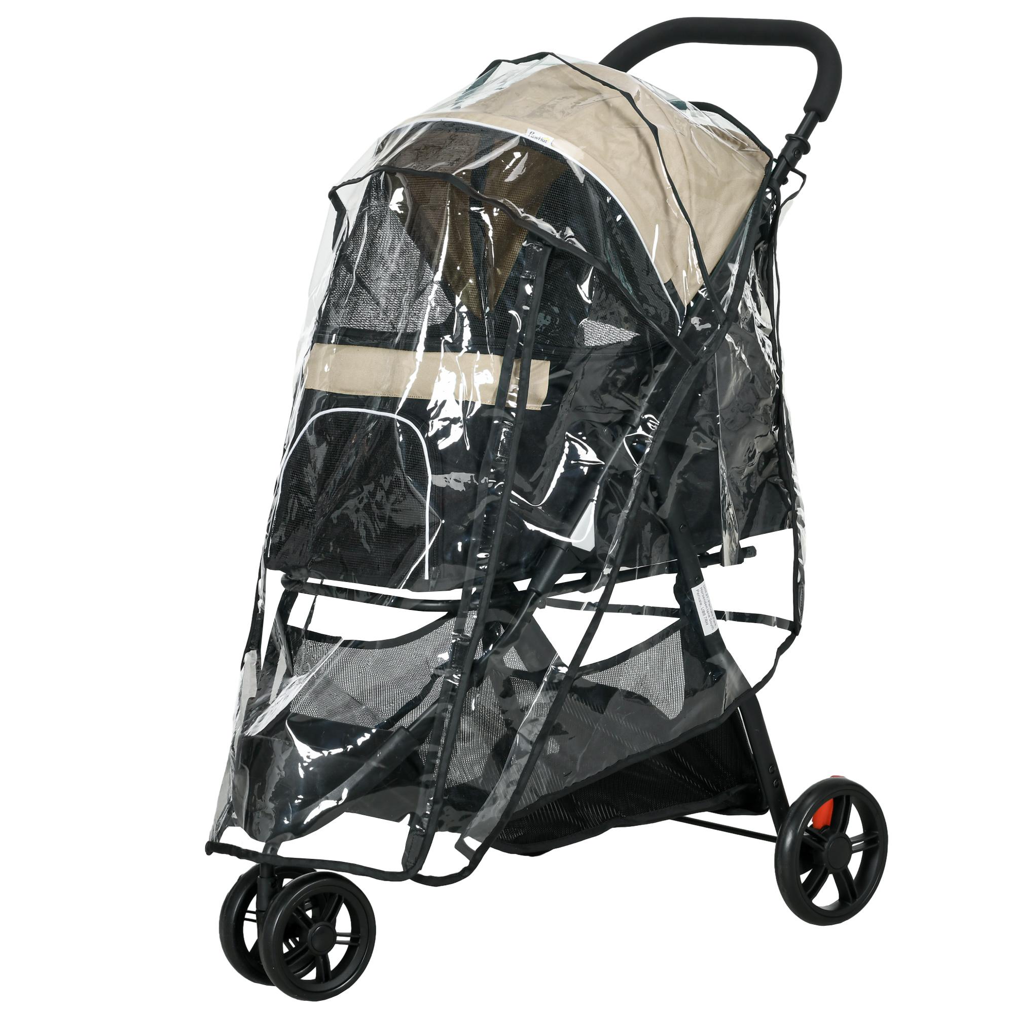 Carrinho para Cães Dobrável para Cães Pequenos com Cesta de Armazenamento Janela de Malha Capa para Chuva 80,5x51,5x100 cm Caqui