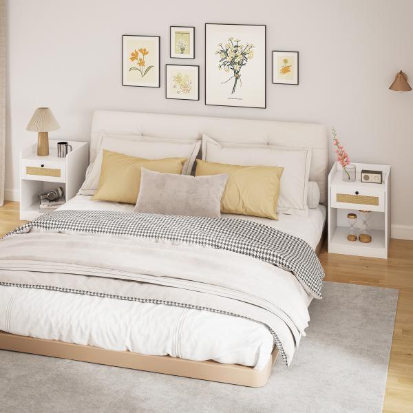 Conjunto de 2 Mesas de Cabeceira Mesas de Cabeceira para Dormitório com Gaveta em Vime 40x40x53 cm Branco