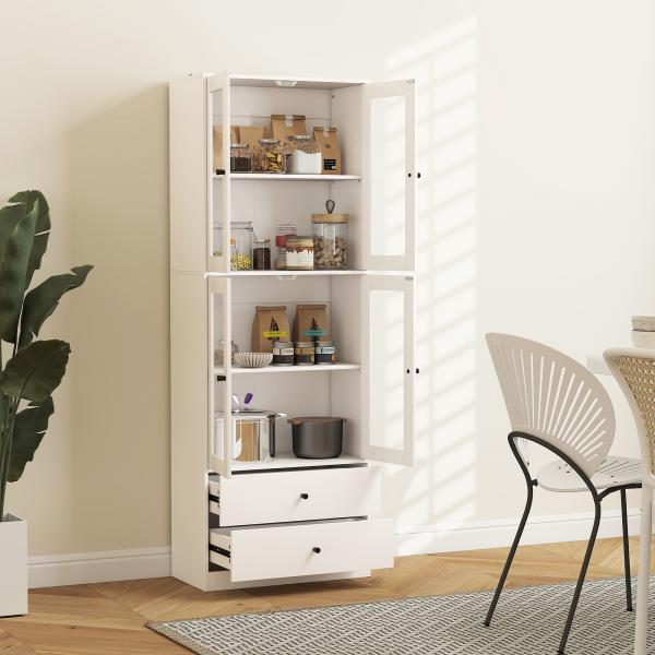 Armário de Cozinha Alto Móvel Auxiliar de Cozinha com 4 Portas de Vidro 2 Gavetas Prateleiras Ajustáveis 59x30x170 cm, Branco