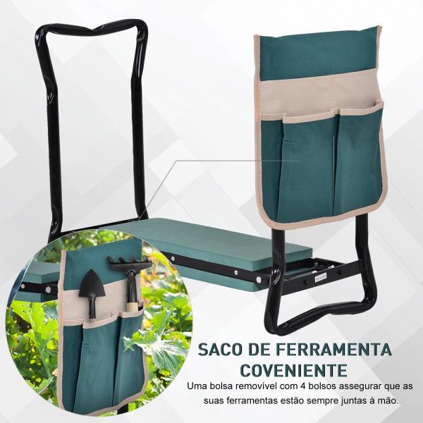 Banco de Jardim Dobrável com Bolsa para Ferramentas Almofada de Proteção para Joelhos Assento de Jardim com Joelheira Altura Ajustável 58x28x49cm Verde e Preto