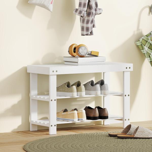 Banco Sapateira de Bambu Organizador de Sapatos com 2 Prateleiras para 6 - 9 Pares de Sapatos 70x28x45 cm Branco