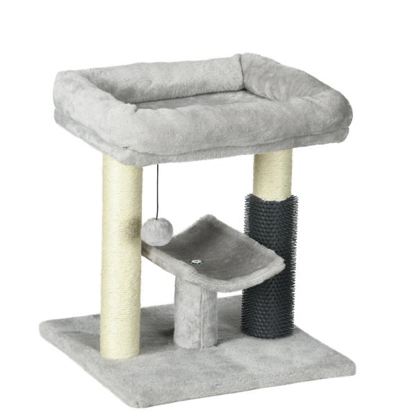 Arranhador para Gatos com 2 Postes de Arranhar Cama Plataforma em U e Escova Bola Suspensa 40x40x48 cm Cinza