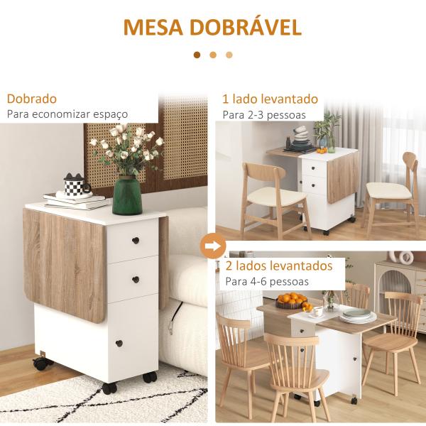 Mesa de Refeição com Rodas Mesa Abatível com 2 Gavetas e Armário Mesa Auxiliar Multifuncional 120x60x76,5 cm Branco