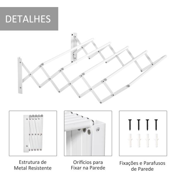 Estendal de Parede Extensível de 63,5cm de Metal com 5 Barras para Interior e Exterior Carga 10kg 63,5x60x20cm Branco