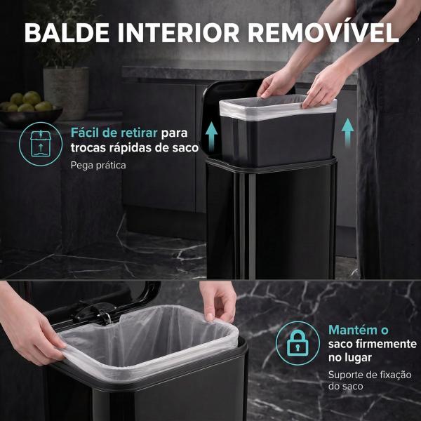 Caixote do Lixo para Cozinha 20 L em Aço Galvanizado com Tampa de Fecho Suave Pedal Balde Removível e Antiimpressões Digitais Preto