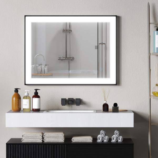 Espelho Casa de Banho com Luz LED 80x60 cm Iluminação Ajustável Função Anti - Embaciamento Função Memória Preto