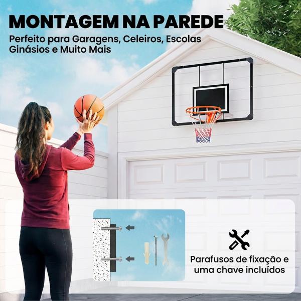 Tabela de Basquetebol de Parede com Quadro e Estrutura de Aço para Utilização em Interiores e Exteriores 113x61x73 cm Preto