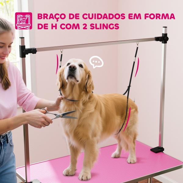 Mesa de Tosquia para Cães Dobrável Mesa de Higiene com Prateleira Metálica Superfície Antiderrapante 107x60x164 cm, Rosa