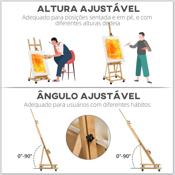 Cavalete de Pintura Dobrável 238 cm Cavalete de Madeira com Rodas Altura Ajustável Bandeja Madeira