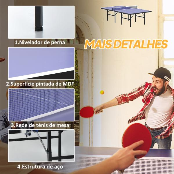 Mesa Dobrável de Ping Pong com Rede 152,5x274x76cm Tênis de Mesa e Material em Aço e MDF na cor Azul