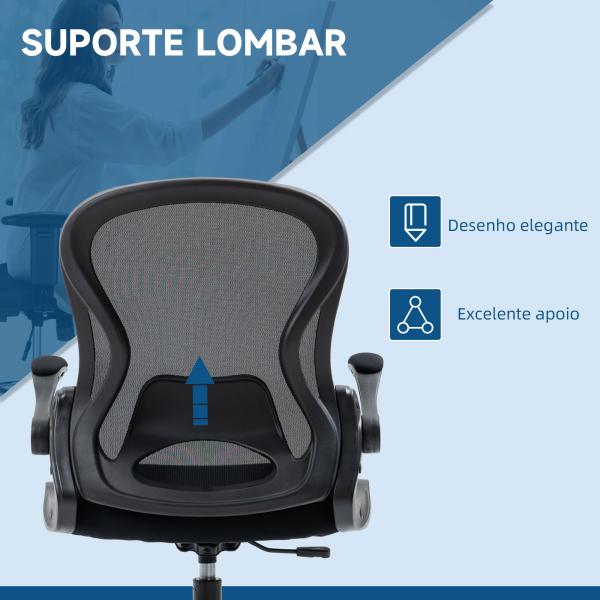 Cadeira de Escritório com Suporte Lombar Apoio para os Braços Dobrável e Altura Ajustável 59x65x102 - 122 cm Preto