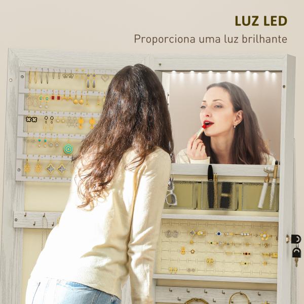 Joalheiro de Pé Armário para Joias com 6 Luzes LED Fechadura Prateleiras Suportes para Anéis 38x38x157 cm Branco e Bege