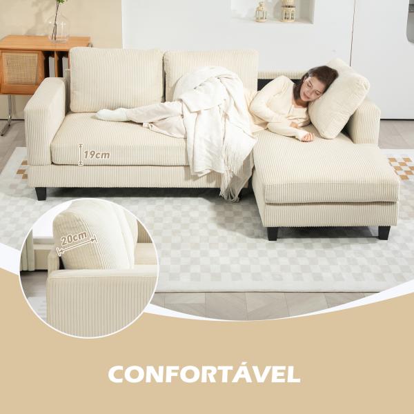 Sofá Chaise Longue de 3 Lugares em L Estofado em Veludo Assento e Encosto Almofadados 214x134x87 cm Bege
