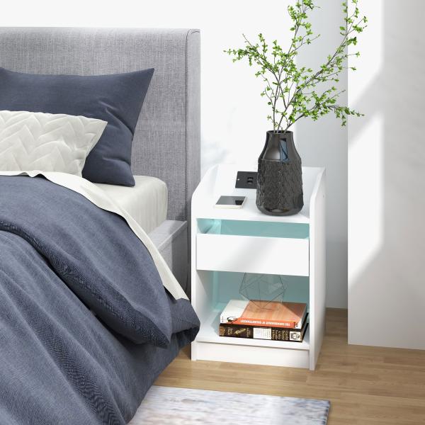 Mesa de Cabeceira com Luzes LED Gaveta Prateleira Estação de Carregamento Entrada USB e Controlo Remoto 40x40x58 cm Branco