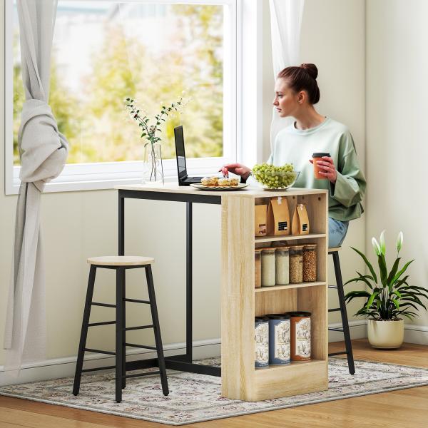 Conjunto Mesa Alta com 2 Bancos Apoios para os Pés 3 Compartimentos Prateleira Ajustável para Cozinha Carvalho