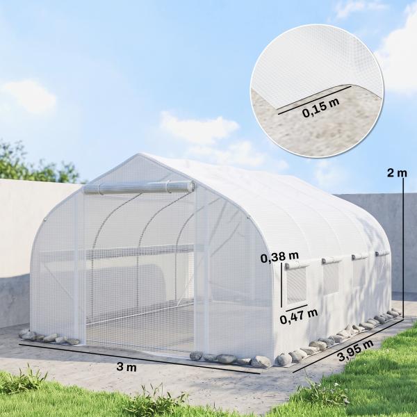 Estufa Tipo Túnel 395x300x200 cm com Porta de Malha e 8 Janelas Estufa de Jardim com Cobertura de PE Branco