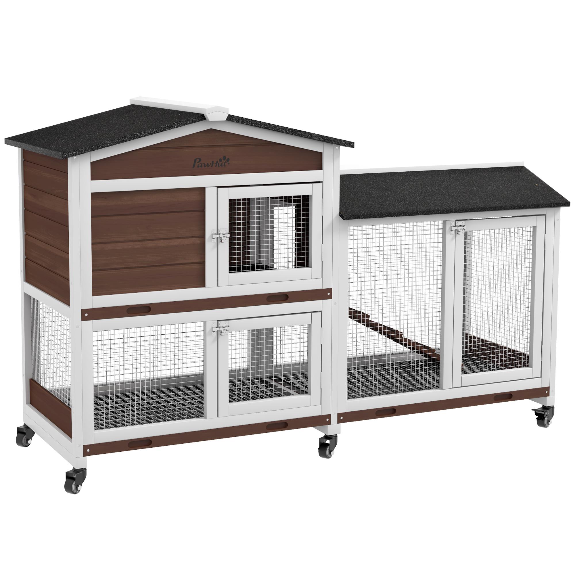 Casota para Coelhos para Exterior 157,4x53x99,5 cm Gaiola Grande com Rodas, Telhado Asfáltico, Tabuleiros Removíveis e Rampa Castanha