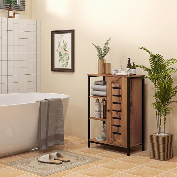 Móvel Auxiliar Casa de Banho com Porta de Ripas 3 Compartimentos Abertos Prateleira Ajustável 60x30x85 cm Castanho Rústico