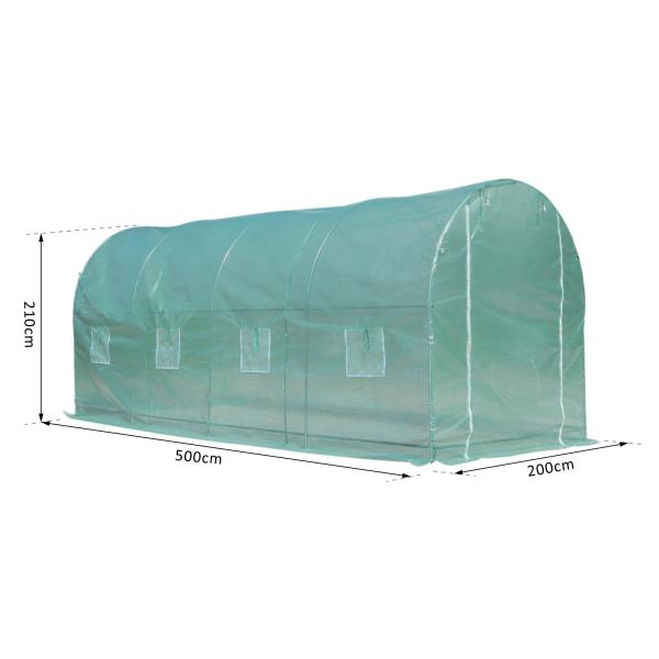 Estufa tipo Túnel 500x200x205 cm Estufa de Jardim com Porta Enrolável e 8 Janelas Cobertura de PE 140 g/m² Verde