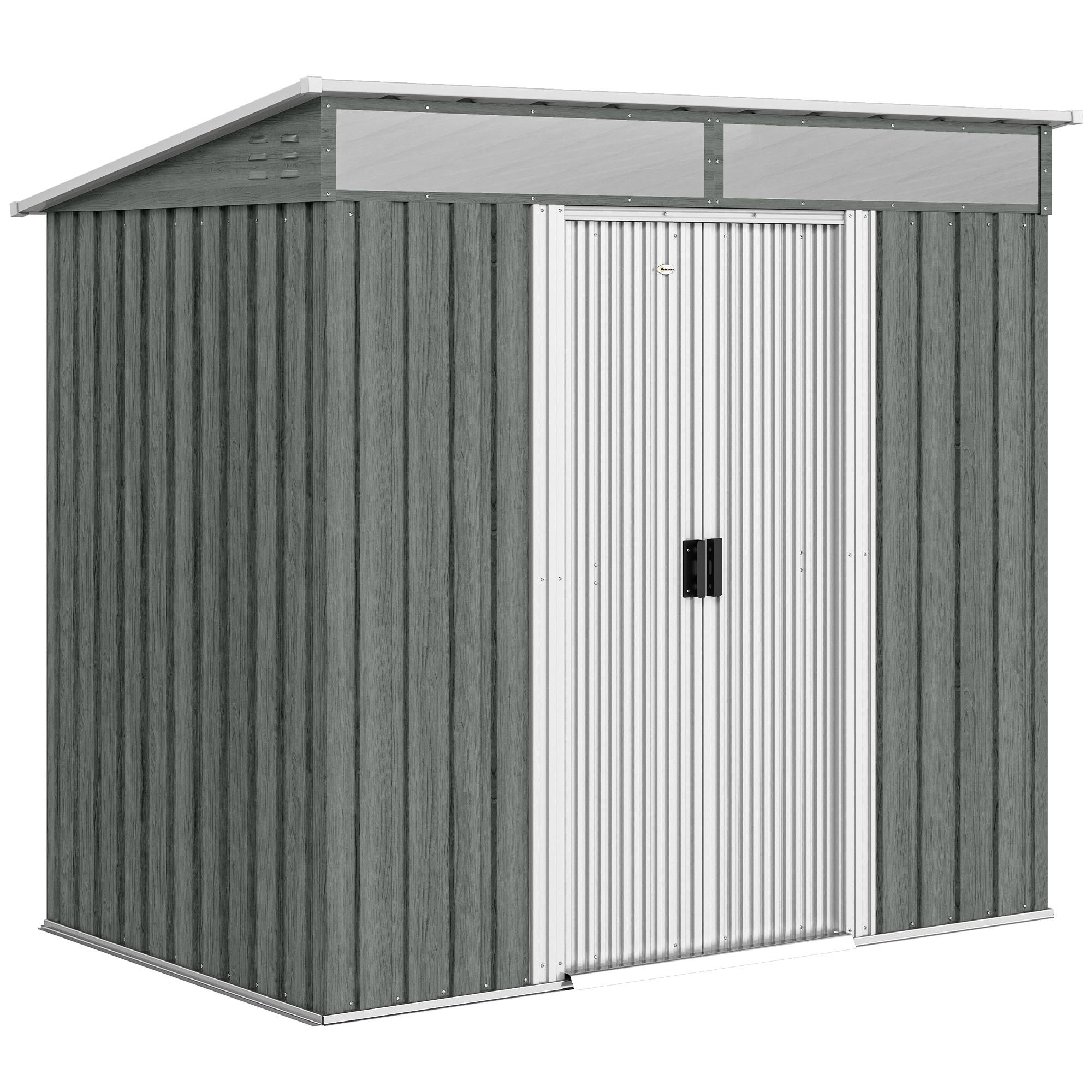 Abrigo de Jardim Exterior 2 m² 195x122x181,5 cm Abrigo Metálico com Base SEM CHÃO 2 Portas de Correr Janelas Cinza Claro