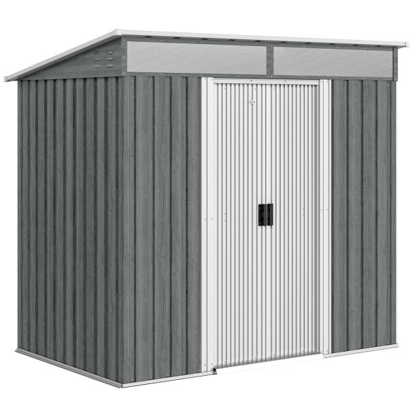 Abrigo de Jardim Exterior 2 m² 195x122x181,5 cm Abrigo Metálico com Base SEM CHÃO 2 Portas de Correr Janelas Cinza Claro