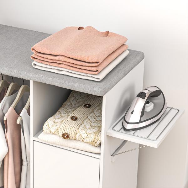 Móvel de Engomar de Madeira com Rodas Barra para Pendurar Roupa Prateleira Aberta e Tábua Dobrável 107x42,5x99 cm Branco