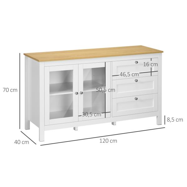 Aparador para Sala de Estar com 2 Portas de Vidro 3 Gavetas e Prateleira Ajustável para Cozinha Sala de Jantar 120x40x70 cm Branco e Madeira