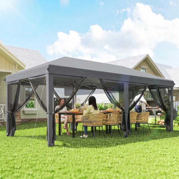 Tenda Dobrável 585x295x270 cm Tenda de Jardim com 6 Mosquiteiros Bolsa de Transporte e Estrutura de Aço Cinza