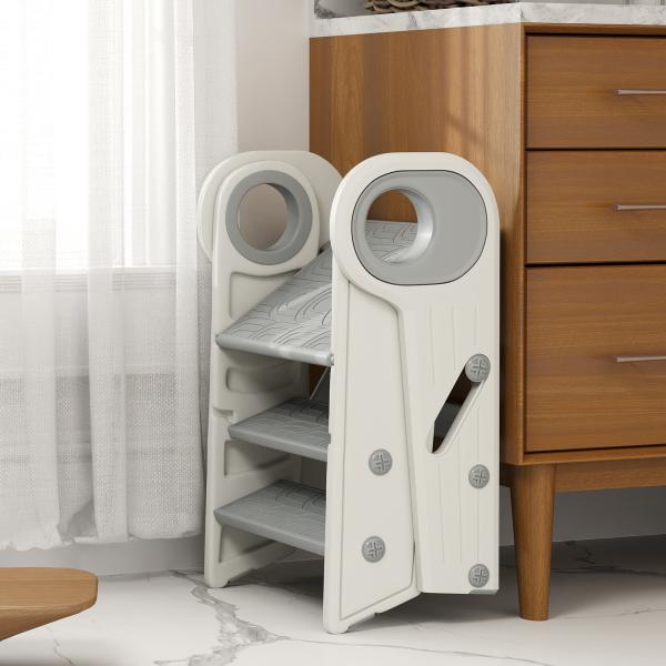 Banco para Crianças Dobrável Torre de Aprendizagem Escada para Crianças Antiderrapante 46,5x47x61,5 cm Cinza e Branco