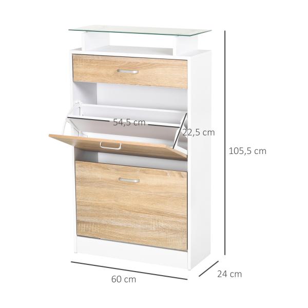 Sapateira de 2 Portas Sapateira Estreito para 12 Pares de Sapatos com Gaveta e Bancada de Vidro 60x24x105,5cm Branco