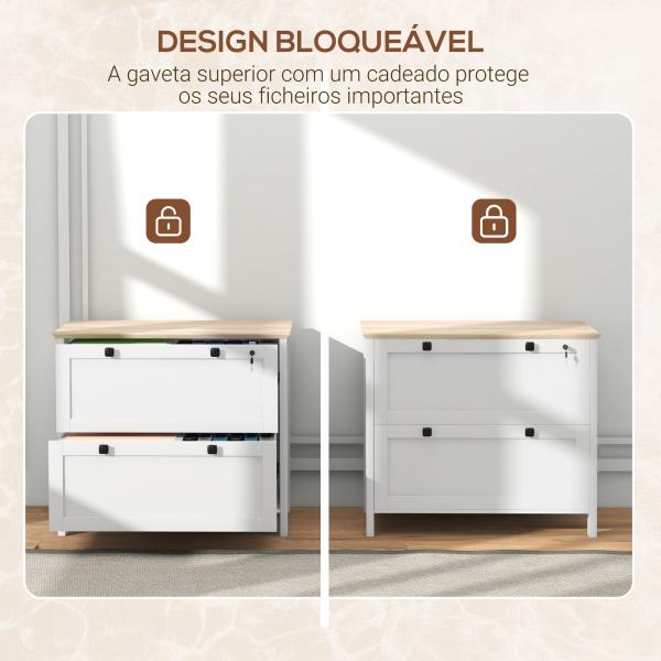 Móvel Arquivador com 2 Gavetas 2 Barras Suspensas para Tamanho A4 e 2 Chaves 79x40x72 cm Branco e Madeira